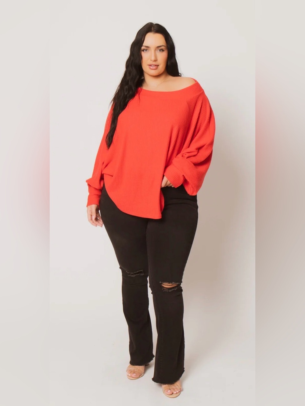 Plus Size Off-Shoulder Ribbed Sweater in Bright Coral Red